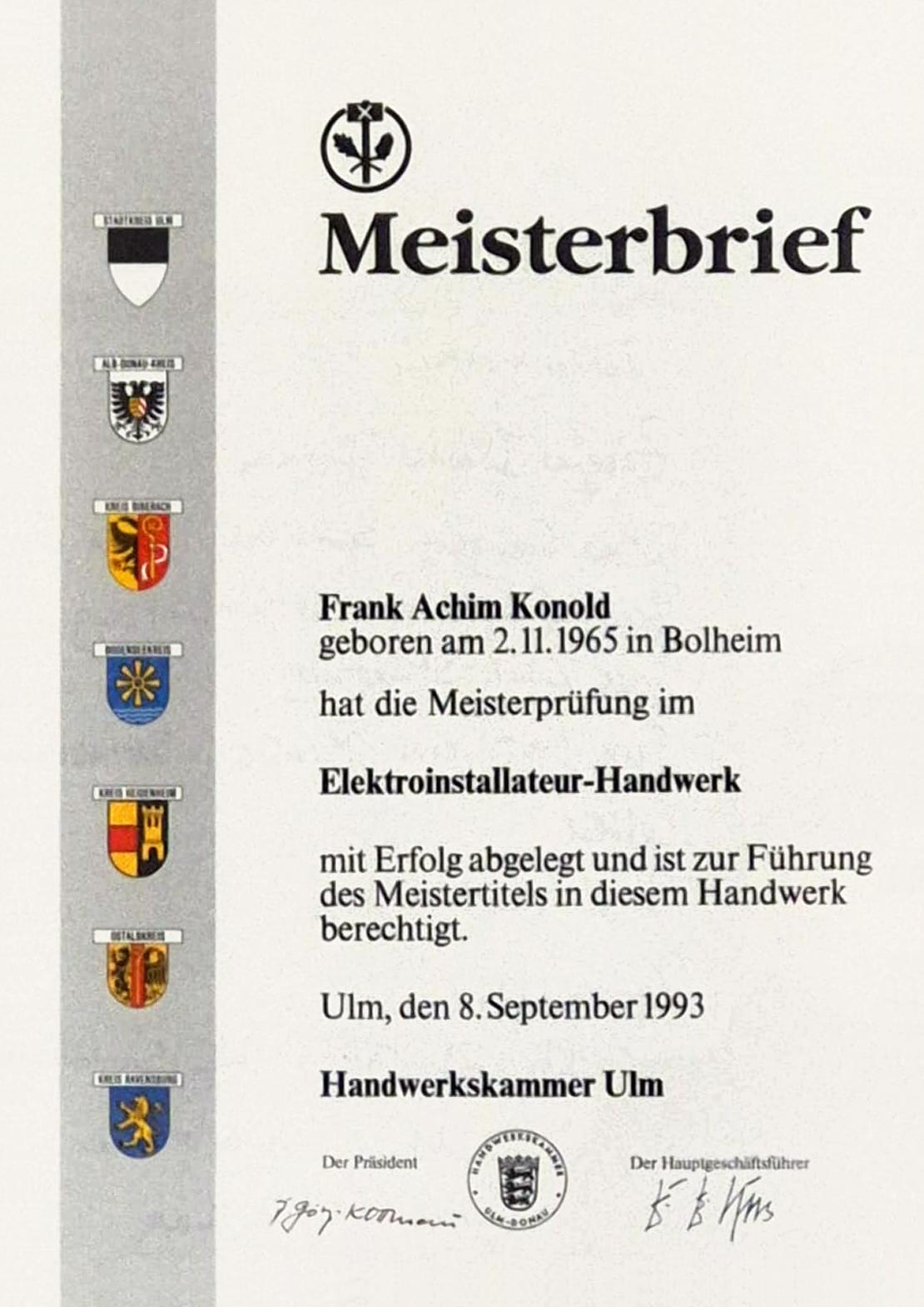 Elektro Konold - Zertifikat / Qualifizierung - Meisterbrief Frank Konold