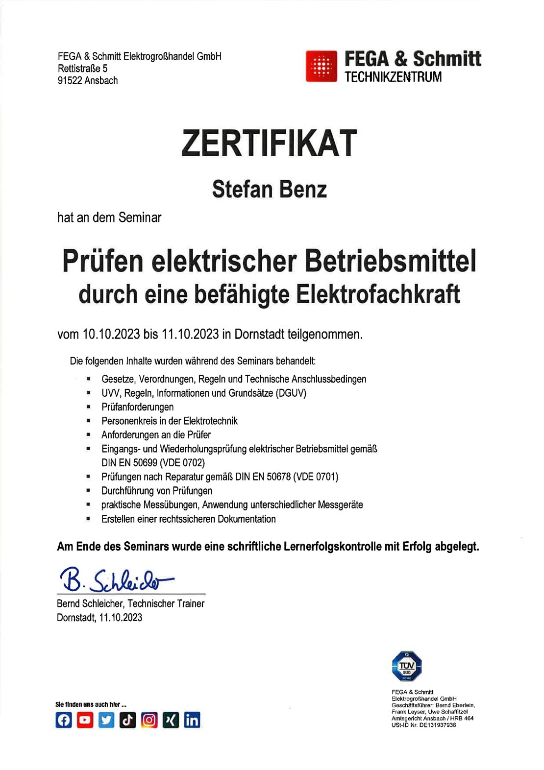 Elektro Konold - Zertifikat / Qualifizierung - Prüfen elektrischer Betriebsmittel