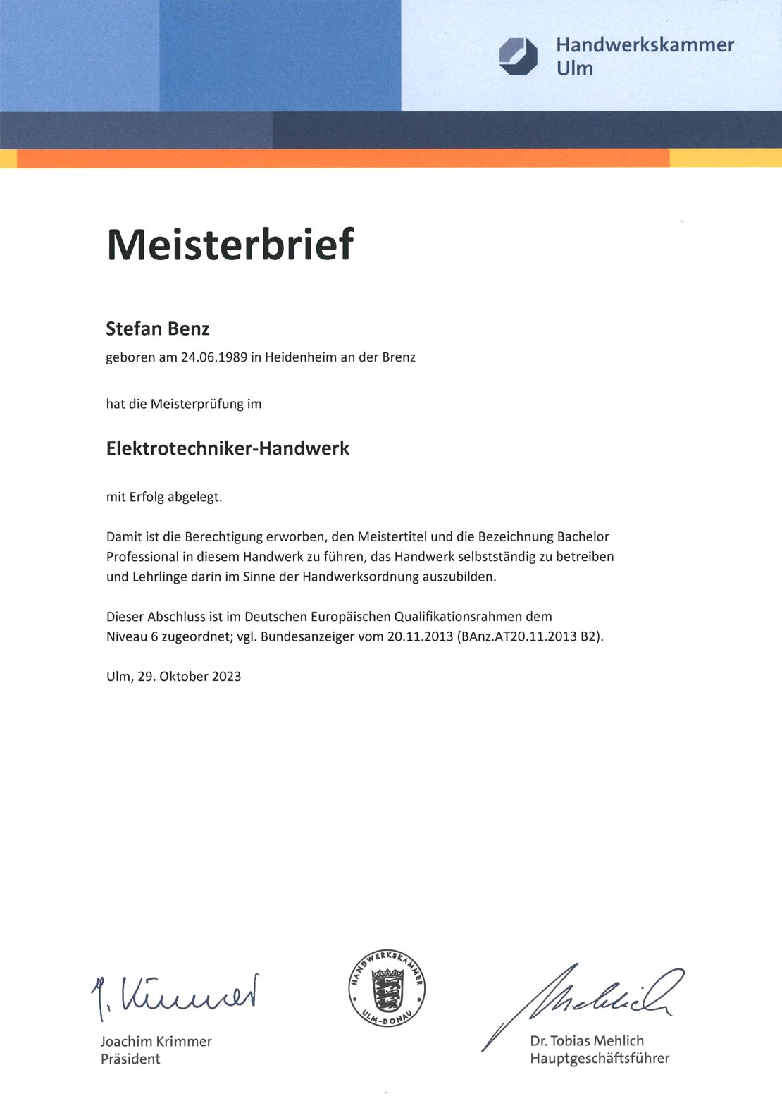 Elektro Konold - Zertifikat / Qualifizierung - Meisterbrief Stefan Benz