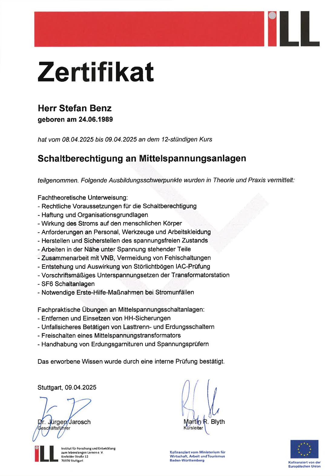 Elektro Konold - Zertifikat / Qualifizierung - Schaltberechtigung an Mittelspannungsanlagen